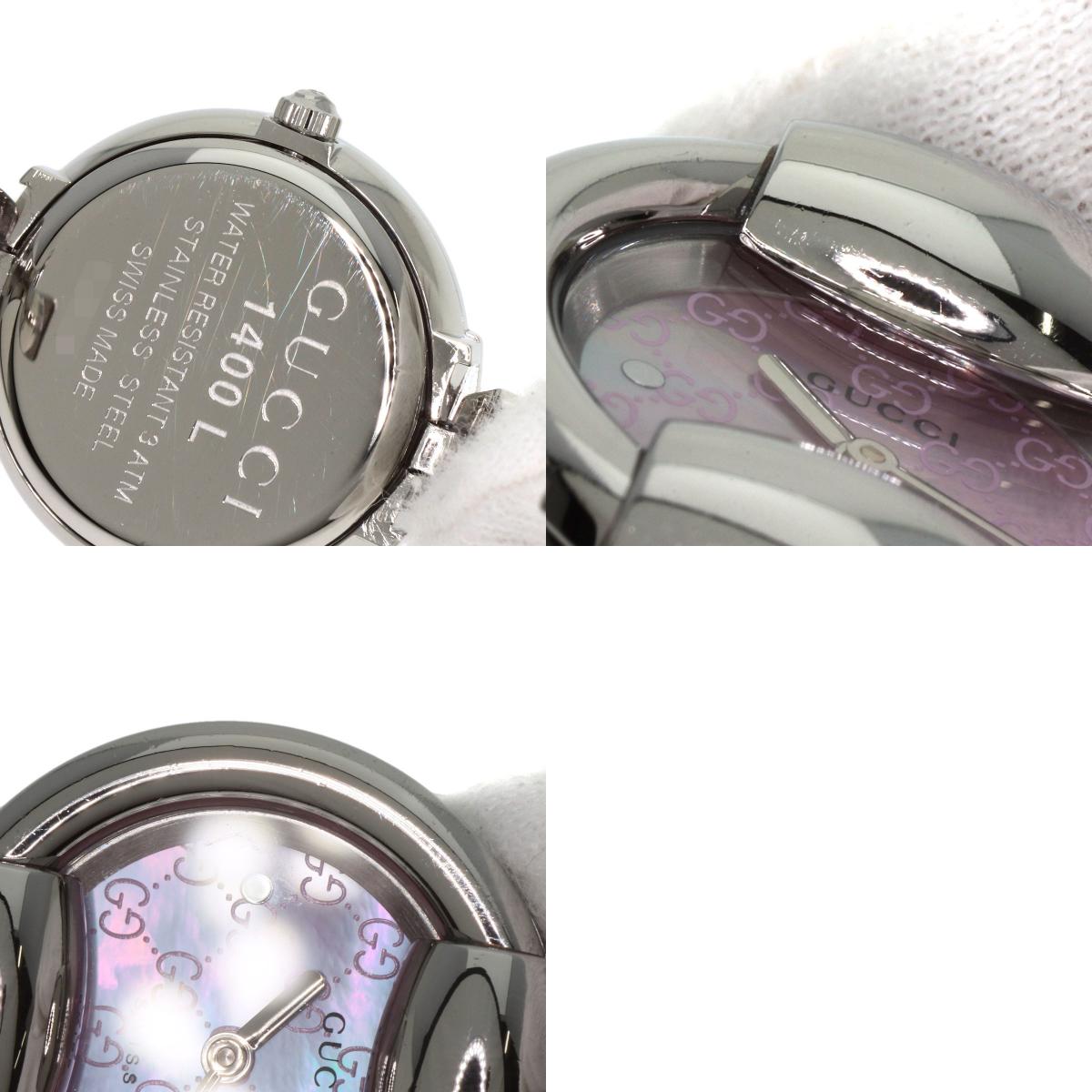 GUCCI グッチ 1400L ラウンドフェイス GG ピンクシェル バングル 腕時計 SS レディース 中古
