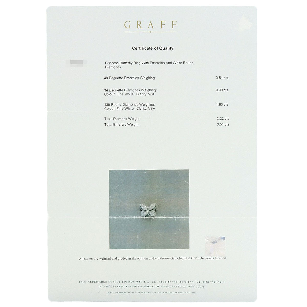 GRAFF グラフ プリンセス バタフライ ダイヤモンド エメラルド リング・指輪 K18WG レディース 中古