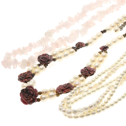 SELECT JEWELRY セレクトジュエリー ロードナイト フラワーモチーフ ローズクォーツ 淡水パール 真珠 3点セット ネックレス SV レディース 中古