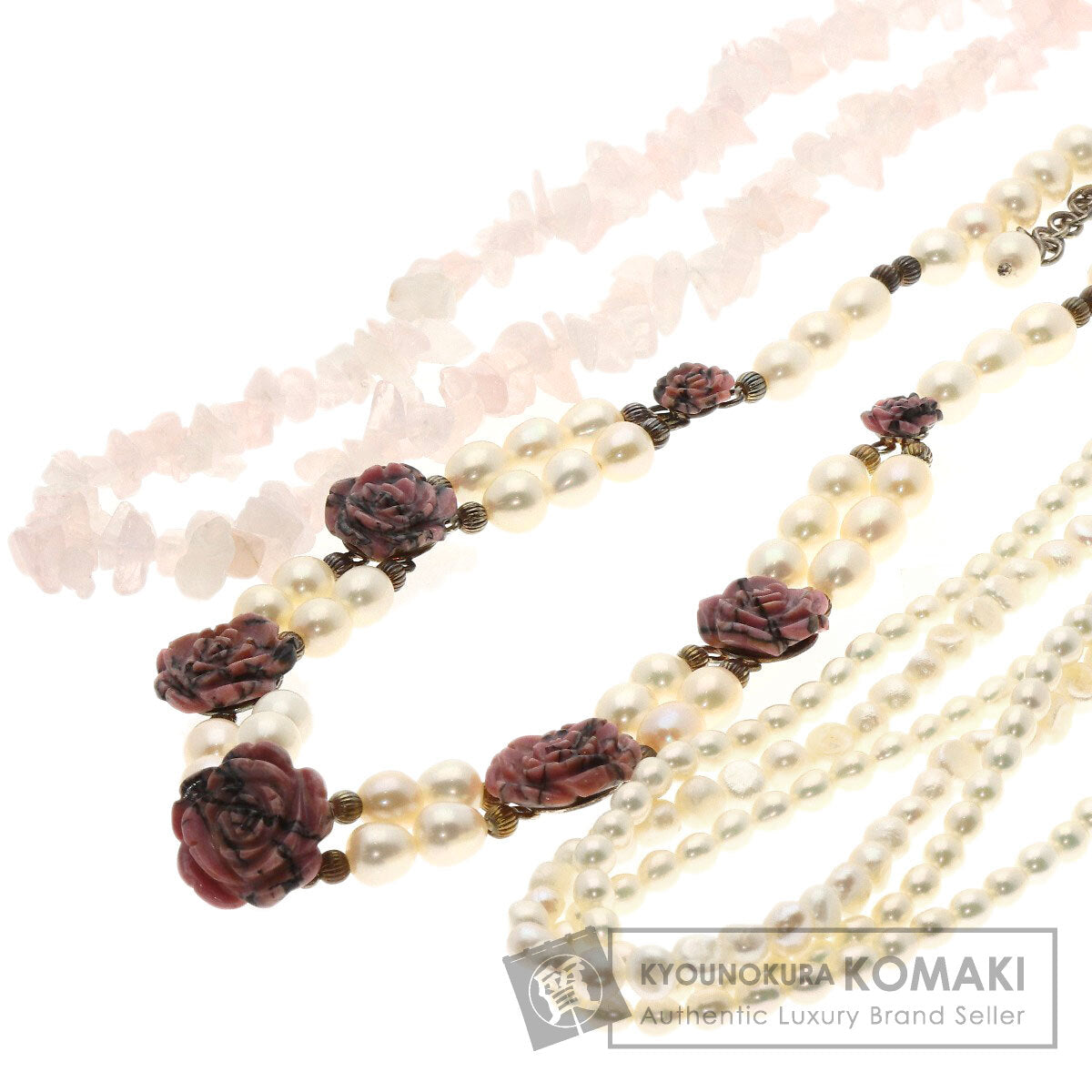 SELECT JEWELRY セレクトジュエリー ロードナイト フラワーモチーフ ローズクォーツ 淡水パール 真珠 3点セット ネックレス SV レディース 中古