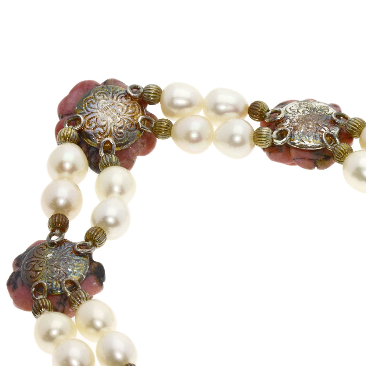 SELECT JEWELRY セレクトジュエリー ロードナイト フラワーモチーフ ローズクォーツ 淡水パール 真珠 3点セット ネックレス SV レディース 中古