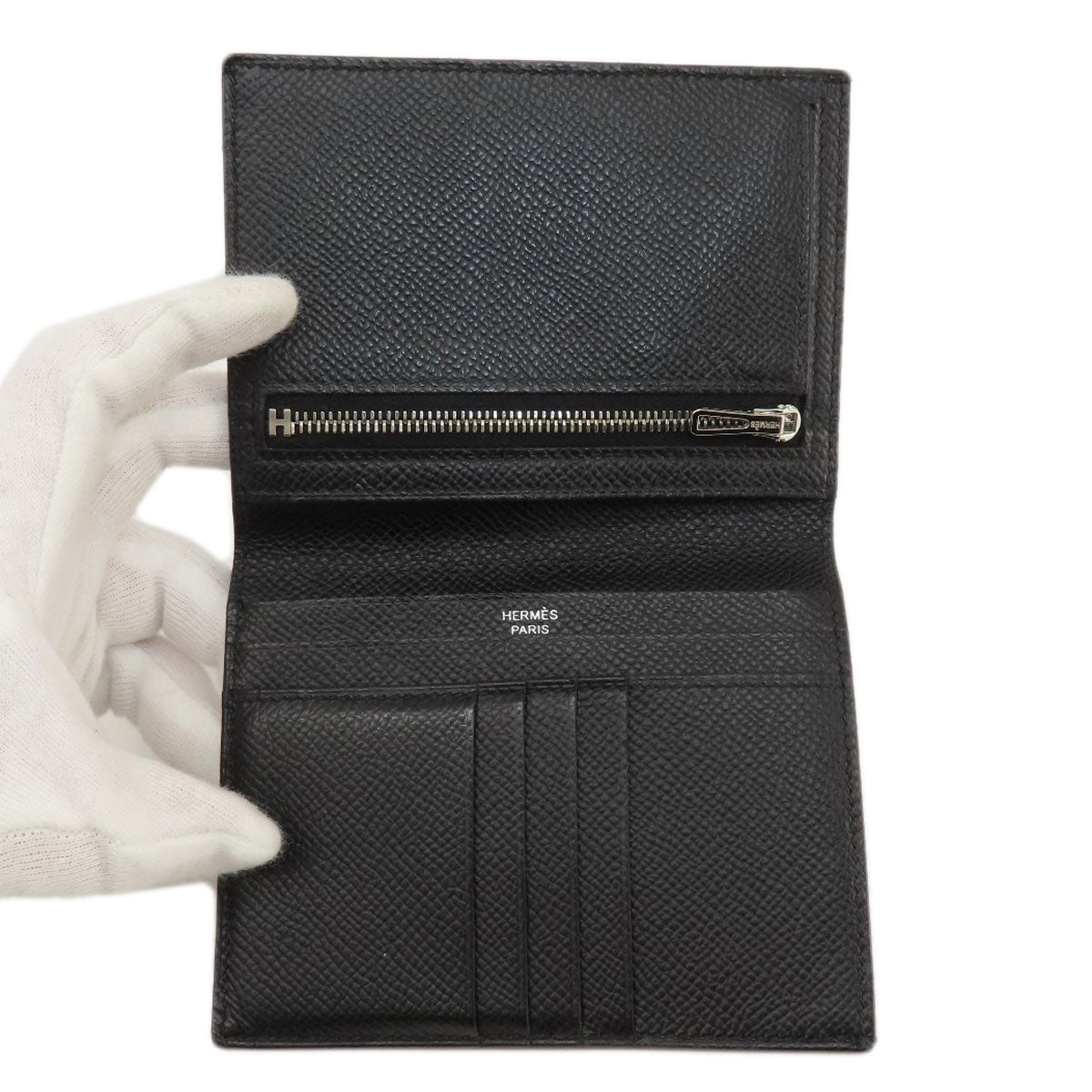 HERMES エルメス ベアンコンパクト 黒 ブラック シルバー金具 二つ折り財布（小銭入れあり） エプソン レディース 中古