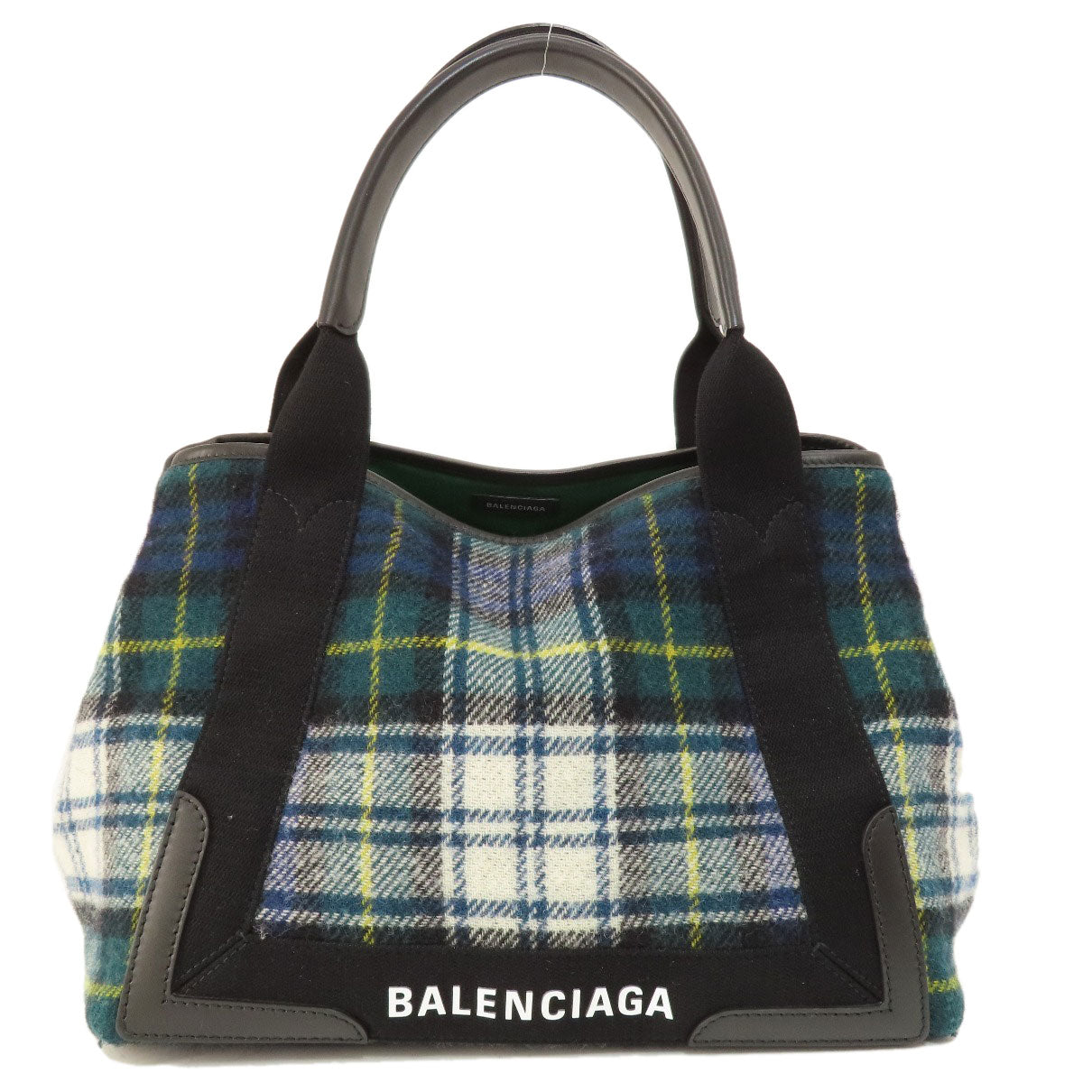 BALENCIAGA バレンシアガ 339933 ネイビーカバス チェック柄 ハンドバッグ ウール レディース 中古