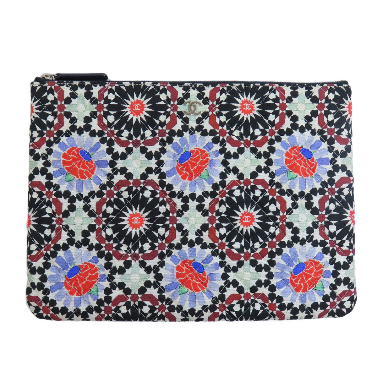 CHANEL シャネル A82074 ココマーク 花モチーフ シルバー金具 アクセサリーポーチ キャンバス レディース 中古