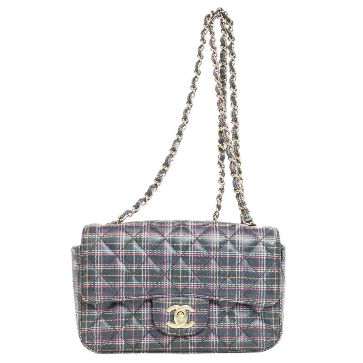 CHANEL シャネル チェーンショルダー チェック柄 ゴールド金具 ショルダーバッグ レザー レディース 中古