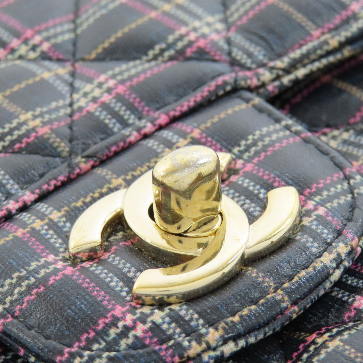 CHANEL シャネル チェーンショルダー チェック柄 ゴールド金具 ショルダーバッグ レザー レディース 中古