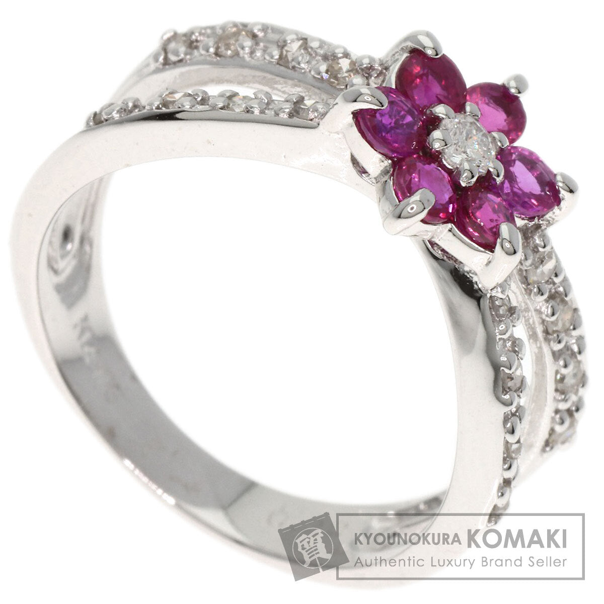 SELECT JEWELRY セレクトジュエリー フラワー ダイヤモンド ルビー リング・指輪 K14WG レディース 中古