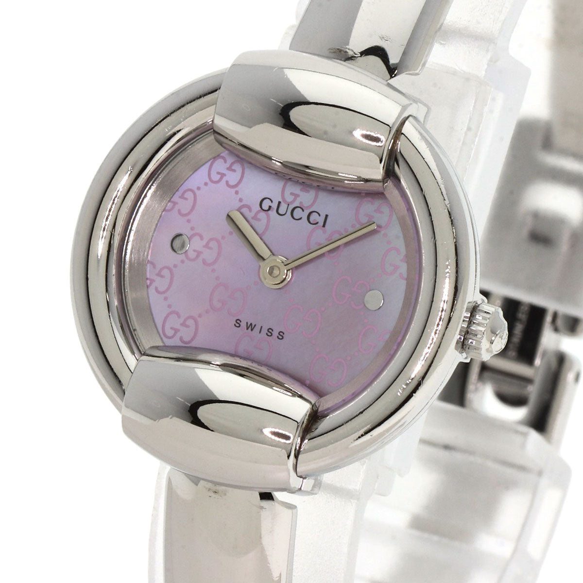 GUCCI グッチ 1400L ラウンドフェイス GG ピンクシェル バングル 腕時計 SS レディース 中古