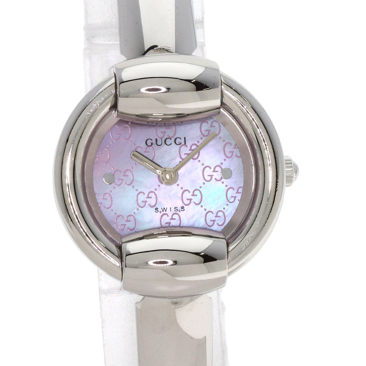 GUCCI グッチ 1400L ラウンドフェイス GG ピンクシェル バングル 腕時計 SS レディース 中古