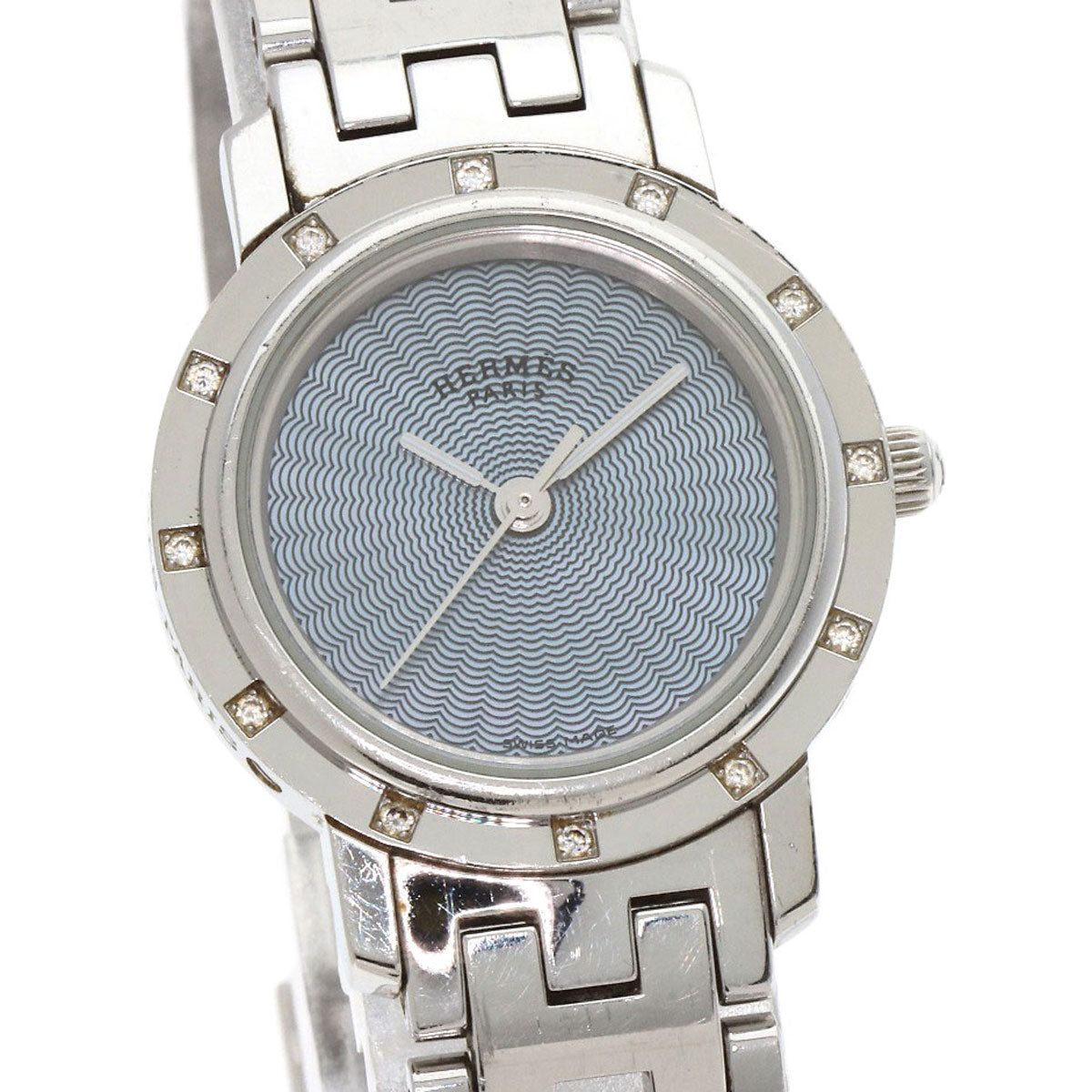 HERMES エルメス CL4.230 クリッパー ナクレ 12P ダイヤモンドベゼル 腕時計 SS レディース 中古