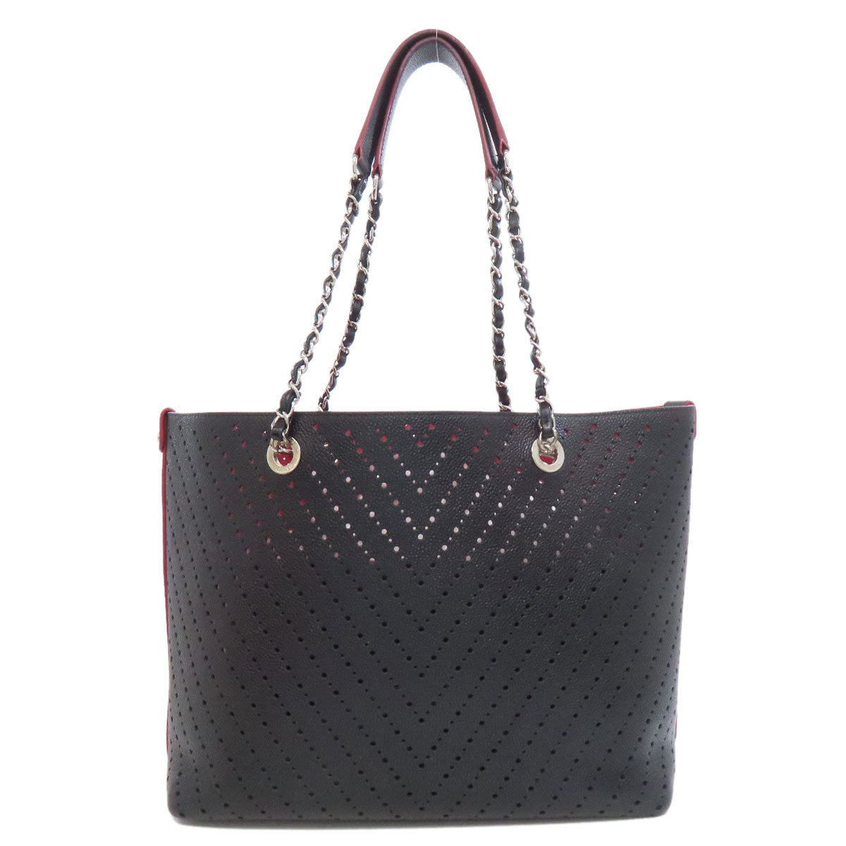 CHANEL シャネル チェーントート パンチング シルバー金具 トートバッグ グレインド カーフスキン レディース 中古