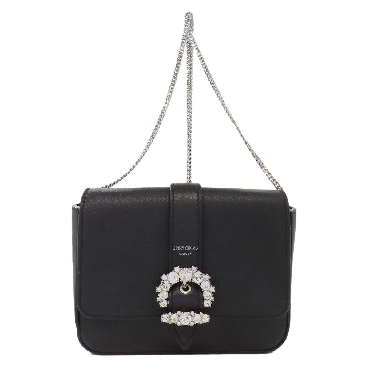 Jimmy Choo ジミーチュウ チェーンショルダー ロゴ ビジュー ショルダーバッグ レザー レディース 中古