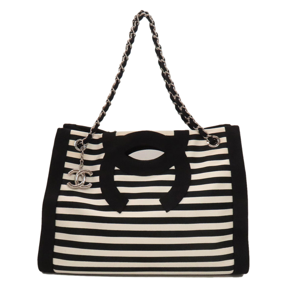 CHANEL シャネル チェーントート ボーダー ココマーク シルバー金具 トートバッグ ナイロン レディース 中古