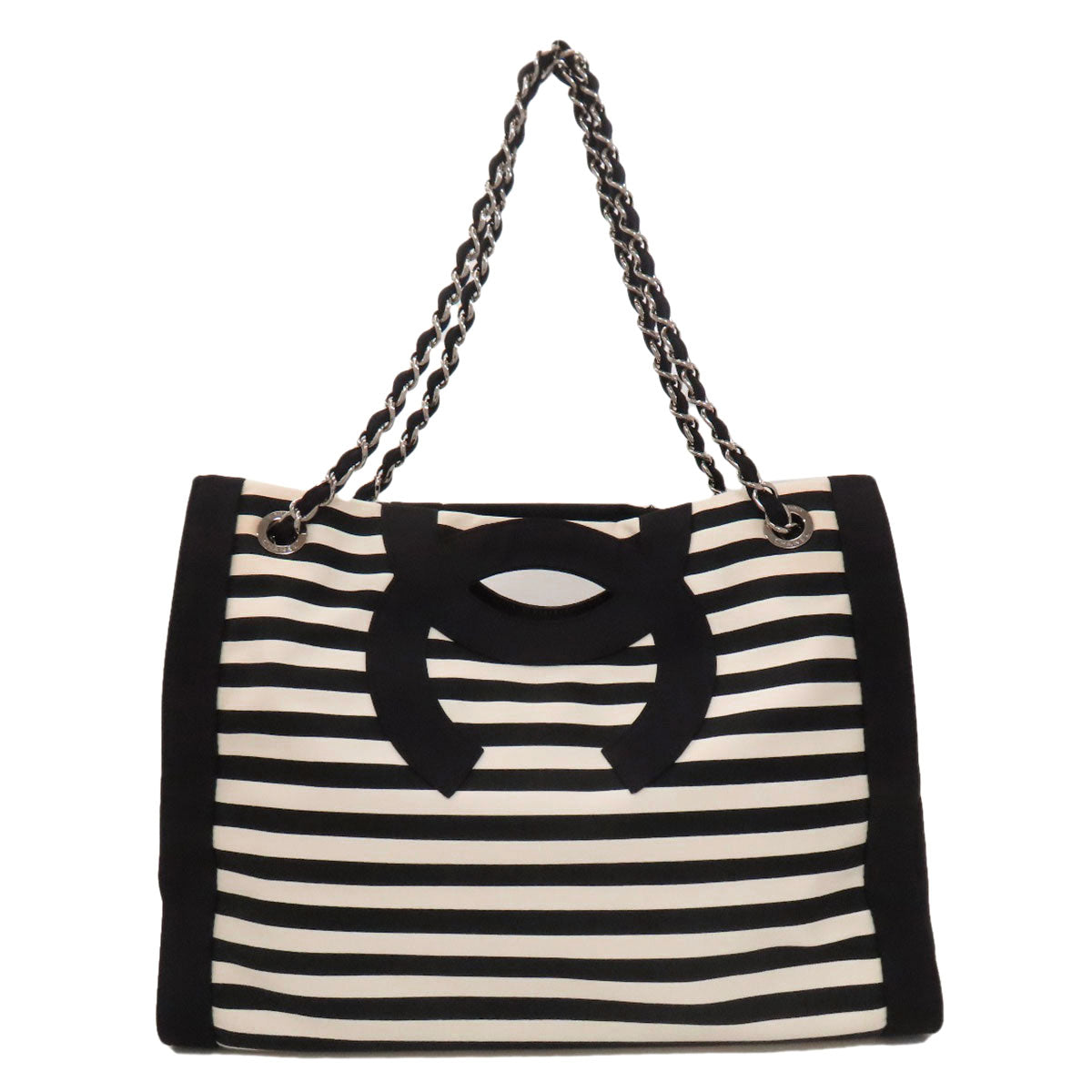 CHANEL シャネル チェーントート ボーダー ココマーク シルバー金具 トートバッグ ナイロン レディース 中古
