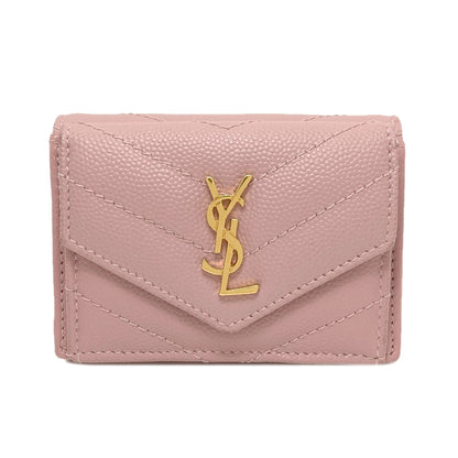 YVES SAINT LAURENT イヴ・サンローラン Vステッチ コンパクトウォレット 二つ折り財布（小銭入れあり） カーフ レディース 中古