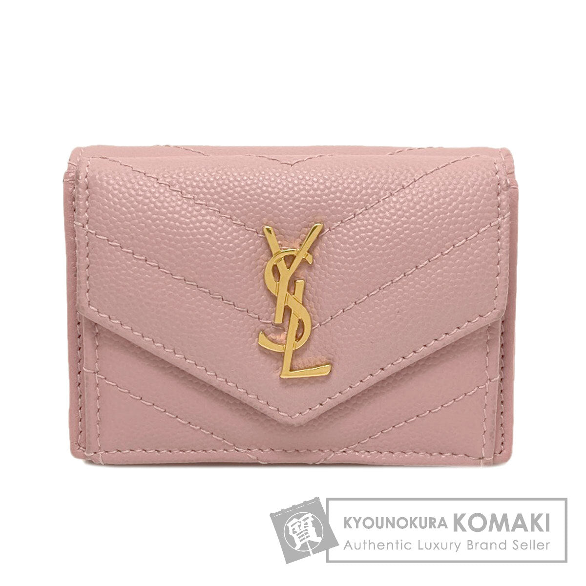 YVES SAINT LAURENT イヴ・サンローラン Vステッチ コンパクトウォレット 二つ折り財布（小銭入れあり） カーフ レディース 中古