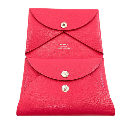 HERMES エルメス カルヴィ デュオ ローズエクストリーム シルバー金具 カードケース シェーブル レディース 中古