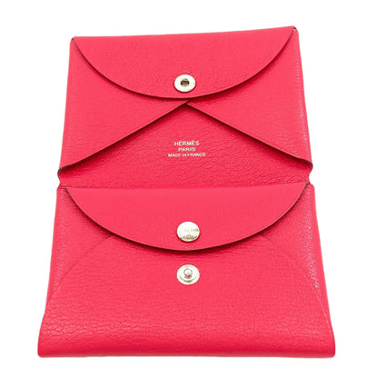 HERMES エルメス カルヴィ デュオ ローズエクストリーム シルバー金具 カードケース シェーブルシャムキラ レディース 中古