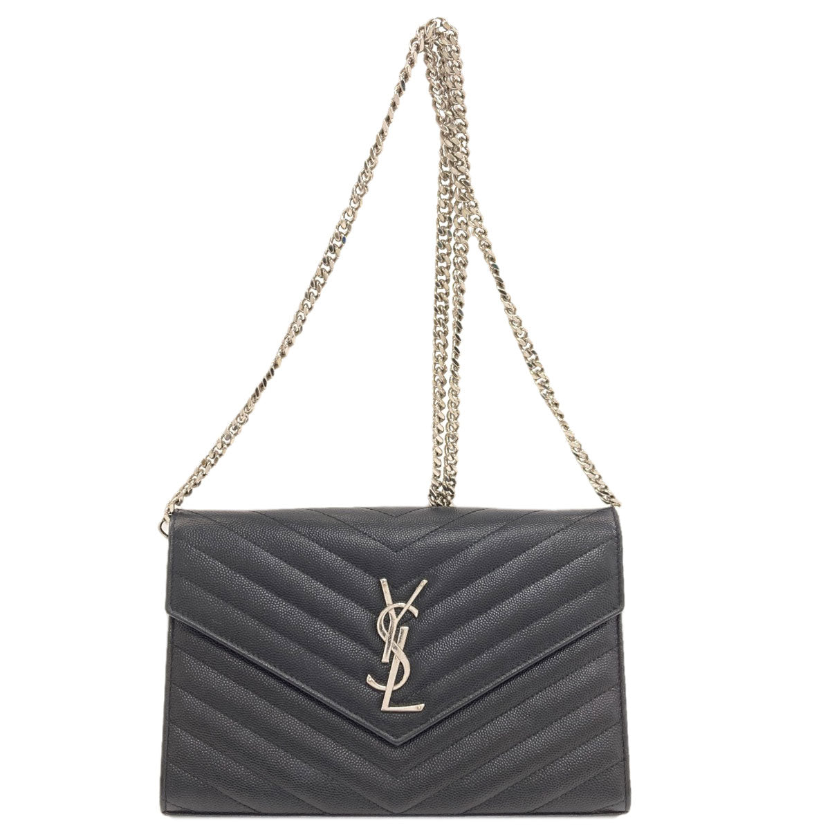 YVES SAINT LAURENT イヴ・サンローラン チェーンショルダー Vステッチ ショルダーバッグ カーフ レディース 中古
